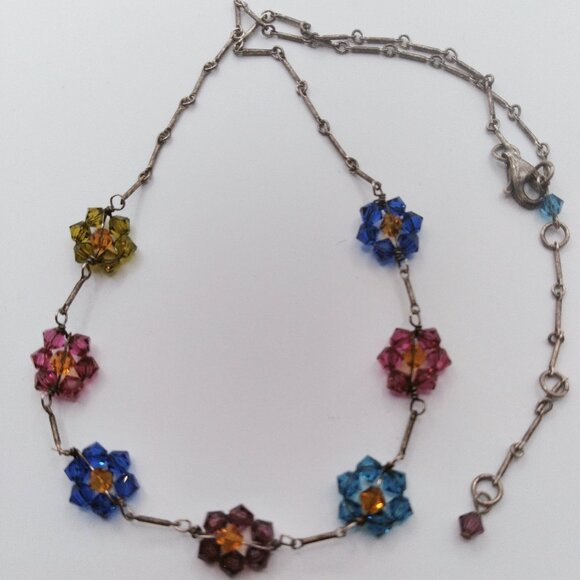 Sterling Silver Dainty Faceted Crystal Bead Flower 18'' Necklace - Picture 1 of 5